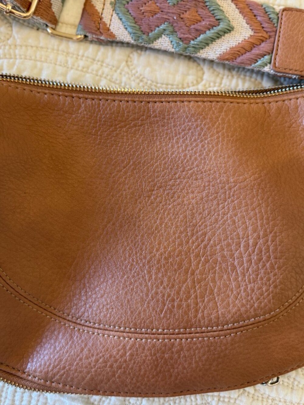 Tan vegan leather crescent crossbody bag with a patterned boho guitar strap - Picture 6 of 7